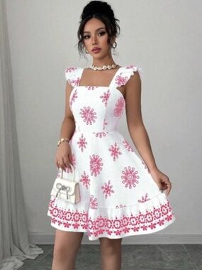 Passion of Essence White Pink Floral Open Back Bow Fit & Flare Dress NWT Large